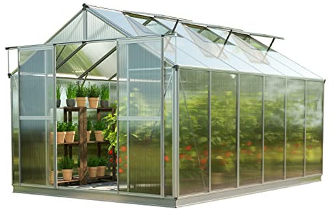 GFP Gewächshaus Topas 6 aus Alu 225x384 cm ca. 8 mm Doppelstegplatten mit Fundamentrahmen, automatischer Fensteröffner
