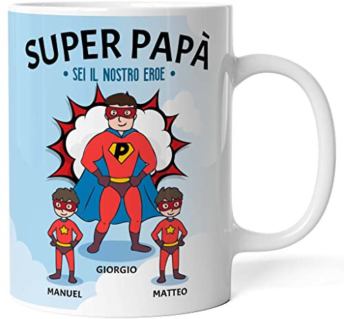 Caribu design Tazza personalizzata papà supereroe - idea regalo originale festa del papà/compleanno (Papà + 2 Figli Maschi)