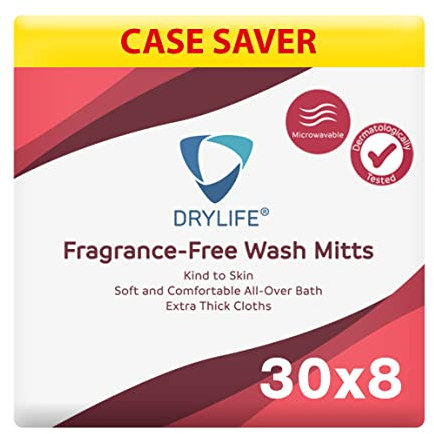 240x Drylife Extra Thick Adult Washcloths | Unique Disposable Body Wipes Shaped Like a Glove - Microwavable, Unscented, Premoistened Wet Wipes with Aloe Vera (30 Packs of 8)
