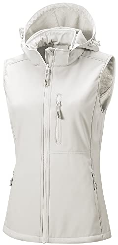 33,000ft Damen Softshell Westen mit Abnehmbare Kapuze Fleece Gefütterte Ärmellose Jacke Wasserdichte Winddichte Sportwesten Vest mit 5 Taschen für Reiten Laufen Wandern Weiß XL