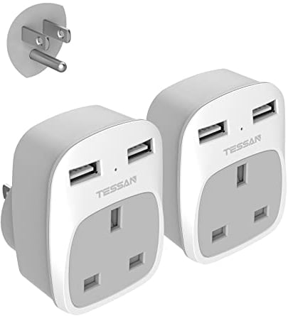 UK to US Plug Adapter 2 Pack, TESSAN UK to US Travel Adaptor with 2 USB (1 USB C), 3 in 1 Grounded Plug Adapter, Travel Essentials for USA, Canada, Thailand, Mexico, Bahamas (Type B)
