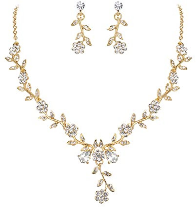 Clearine Damen Hochzeit Schmuck Set Blatt Cluster Blume Kristall Anhänger Halskette baumeln Ohrringe für Braut Klar Gold Ton