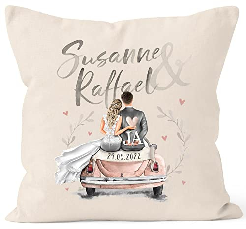 SpecialMe® personalisierbares Kissen Geschenk Hochzeit mit Namen und Datum Auto Brautpaar Hochzeitstag Jahrestag Natur Standard