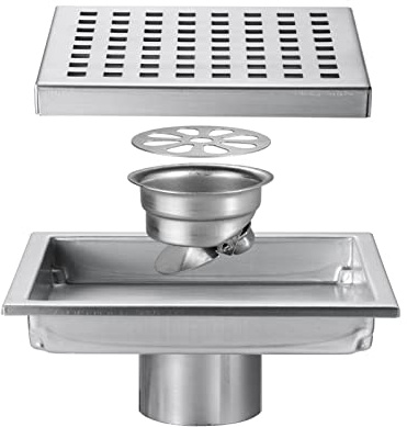 Yalsfowe Desagüe de ducha acero inoxidable, 150 x 150 mm Desagüe ducha cuadrado, desagüe ducha con rejilla extraíble, colador de pelo, cubierta de desagüe de ducha,Brushed nickel