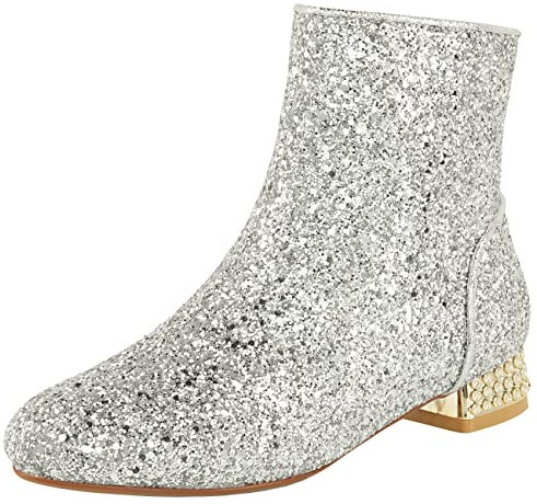 FIFSY Damen-Stiefeletten mit Pailletten, niedriger Absatz, glitzernd, glitzernd, silber, 40 EU