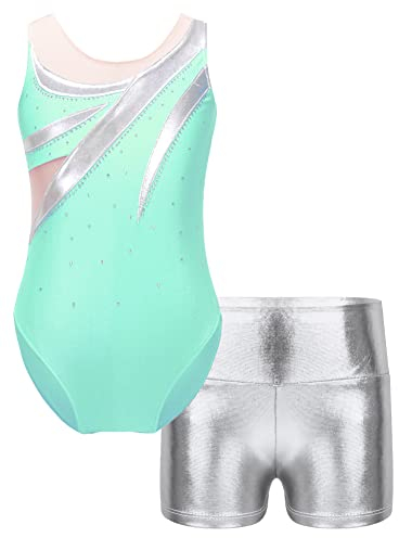 CHICTRY Kinder Mädchen Metallic Ballettanzug Strass Glitzer Turnanzug Wettkampf Ärmellos Ballett Body Patchwork Trikot Mit Kurze Hose Wettbewerb Tanzkostüm Lake Grün C 134-140