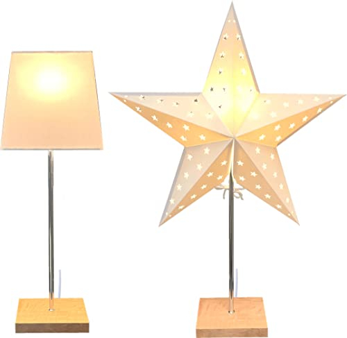 Seasonals 2in1 Leuchte Dual, ein Standfuß und 2 wechselbare Schirme, Lampe 17x49cm & Stern, natur/weiss, Edelstahl-Ständer mit Holzfuss, E14 Fassung und Schalter, 180 cm weisse Zuleitung