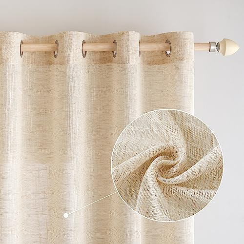 EMEMA Leinen Gardinen Vorhang mit Ösen Wohnzimmer Modern Leinenvorhang Vorhänge Leinenoptik Kinderzimmer Gardine Küche Schlafzimmer 2er Set 140x225cm (B x H) Hellbeige