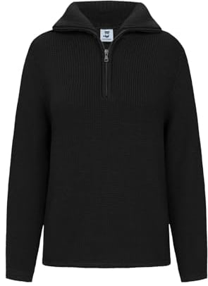 HANSEHELD Damen Troyer Schurwolle Schwarz 42 | Pullover | 100% Schurwolle | Strickpullover für Frauen | Troyerkragen | Reißverschluss | Wollpullover | Made in Germany