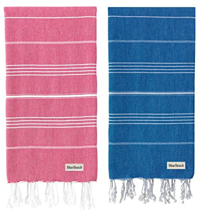 Blue Beach Turkish Towel - Set of 2-100x180cm Large Turkish Hammam Peshtemal Towel - Super Absorbent, Quick Dry, Lightweight, Compact Towels for Swimming, Bath, Gym and Travel (Blue + Fuschia)