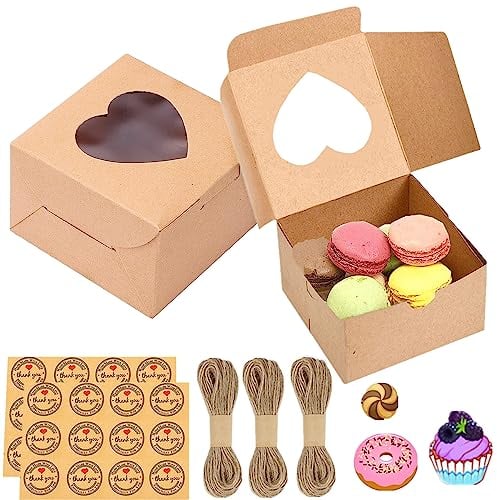 Gbateri 50 PCS 4 inch Cake Boxes with Window - Small Bakery Boxes 4x4x2.5 inches - Paper Cookie Boxes - Mini Treat Boxes for Pastries, Strawberries, Cupcakes, Desserts, Donuts, Muffins, Candy (Brown)