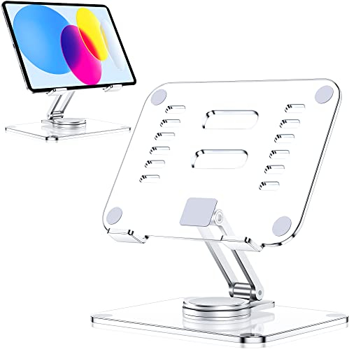 Lucrave Acrylic Tablet Stand Holder with 360 Rotating Base, Foldable Adjustable Transparent Tablet Holder for Desk Home Office, Compatible with iPad Pro Air Mini and More, Clear