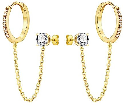 Chain Earrings for Women - 925 Sterling Silver Hoop Double Piercing Gold Huggie Hoop Earrings Set with Cubic Zirconia Stud Tassel Drop Link Cuff Cartilage Helix Earring for Teen Girls Jewellery Gift