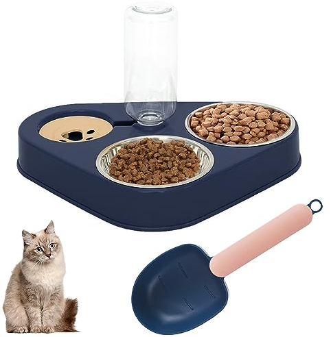 HUTVD 3 in 1 Gamelle pour Chat, Bol pour Chat en Acier Inoxydable Distributeur Croquettes Chat Mangeoirs et Abreuvoirs pour Chat Bol pour Animaux d'eau Automatique avec Cuillère à Nourriture (Bleu)