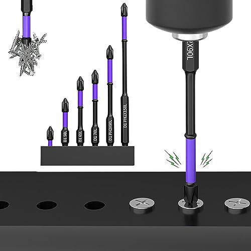 D1 Anti-Slip and Shock-Proof Bits with Phillips Screwdriver Bits-Upgraded High Hardness and Strong Magnetic Bit,1/4 Inch Hex Shank Cross Impact Driver Bit Set,Non-Slip Screwdrivers Bits (6Pcs/Set)