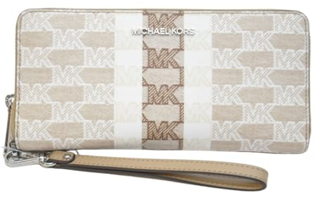 Michael Kors Jet Set Travel Continental Wristlet Signature Striped Logo, CAMEL