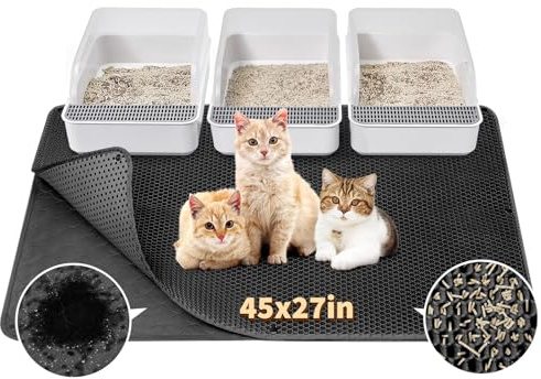 Fostanfly Cat Litter Mat, 45x 27 Kitty Litter Trapping Mat, Extra Large XL Honeycomb Scatter Control, Urine & Waterproof, Machine Washable, Black