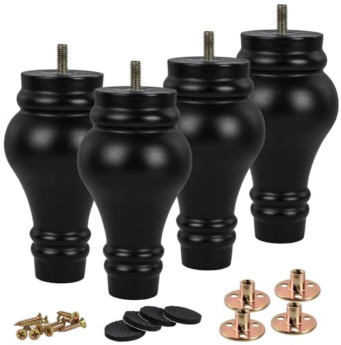 TCHOSUZ Lot de 4 pieds de meubles en bois massif tourné noir de 14 cm avec boulons de suspension M8 et écrous en T ou rehausseurs pour canapé, armoire, ottomane inclinable