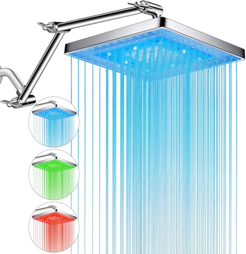 PinWin Cabezal de ducha, cabezal de ducha LED de 8 pulgadas con brazo de extensión ajustable de 16 pulgadas, rociador de agua estilo lluvia, cabezal de ducha LED controlado por temperatura del agua,