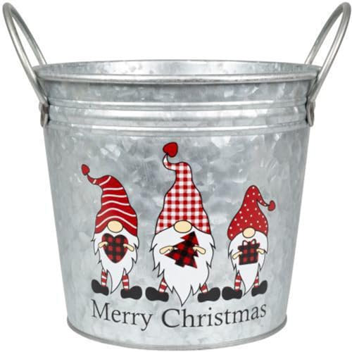 Merry Christmas Tin Pail Gnome Gonk 18cm, 7inch Plant Pot Handles 2.6L Festive Planter Decor Xmas Gift (1)