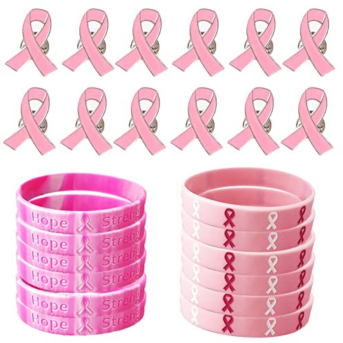 XZEIT 24 pièces Le kit de Sensibilisation au Cancer du Sein Comprend Un Ruban Rose, 12 Bracelets en Silicone Rose, 12 épingles à Ruban Rose, pour Les Rubans de Sensibilisation au Cancer du Sein