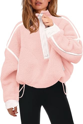 Panadila Womens Half Zip Sherpa Fleece Pullover Soft Oversized Sweatshirt with Pockets Warm Fuzzy Sweater, Light Pink, XL