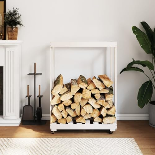 FENLAX Kaminholzregal mit Rollen Weiß 76,5x40x108cm Massivholz Kiefer Brennholzständer Regal für Brennholz Holzlagerregal Holzstapelhilfe Innen Brennholzregal Kaminholzständer Brennholz Aufbewahrung