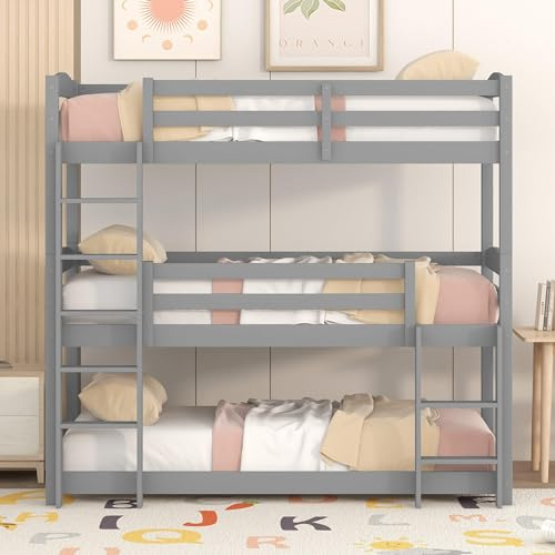 HYUB Dreier Etagenbett, Dreierbett für 3 Kinder, Kinderbett Hochbett mit Rausfallschutz, Multifunktionales Bett, Bettrahmen und Lattenrost aus Stabiler Kiefernholz, Ohne Matratze, Grau