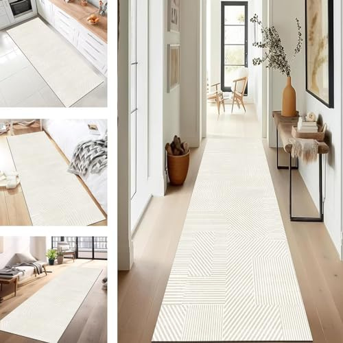 SUCERU Teppich Läufer Küchenteppich Flur Läufer Waschbar Küchenläufer 80X500CM Beige gestreift rutschfest Outdoor Teppich Für Badezimmer Wohnzimmer Schlafzimmer Kinderzimmer Flur Läufer