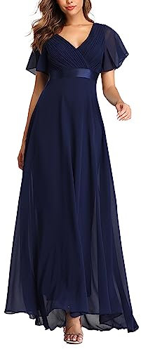 ECDAHICC Damen Abendkleider Gürtel V-Ausschnitt Hohe Taille A-Linie Chiffon Brautjungfernkleid Elegant Lang Ballkleid(ZQ,S)