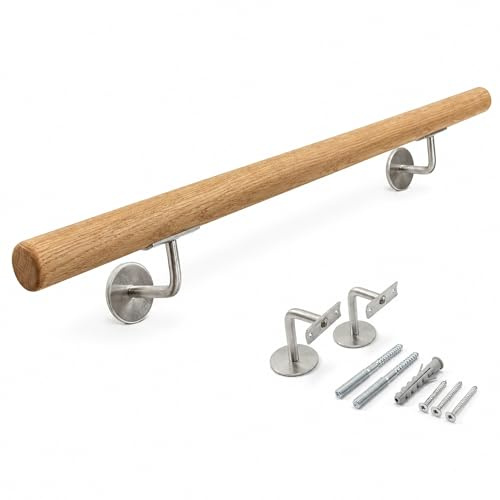 Holz Handlauf mit Wandmontage Set - Runder 42 mm Ø aus Massivem Eichenholz für Innen Treppen - Rutschfester Holzhandlauf (90cm, Eichenholz)