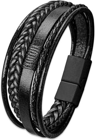 Mochity Herren Armband Leder - Schwarz, Braun, Blau - Geflochten Armreif Schmuck Geschenke Für Männer (Stil B, Schwarz)