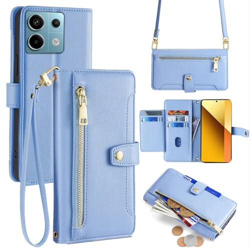 betterfon Handykette kompatibel mit Xiaomi Redmi Note 13 4G | Leder Handyhülle mit Kartenfächern | Handyhülle zum Umhängen | Hellblau