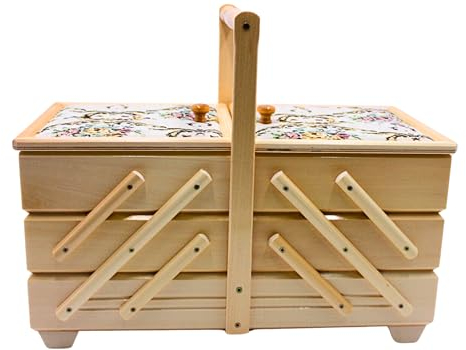 Dekohelden24 Hochwertiger Nähkasten, Nähkästchen aus Furnierholz mit 7 Fächern und Stoffbezug Rosenmotiv in Natur, L/B/H 42 x 20 x 21 cm