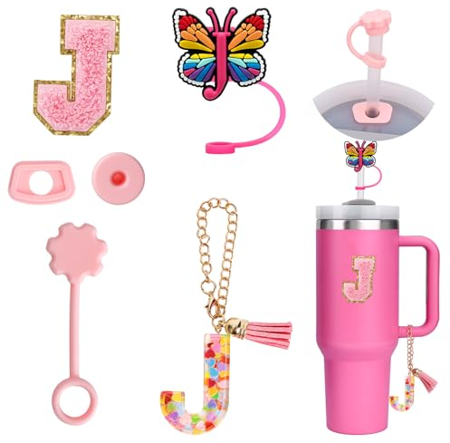 6PCS Personalized Accessories, Straw Cap Cover, Initials Decorations, Letter Sticker, Charm, Leak Stopper for Stanley Cup (J)
