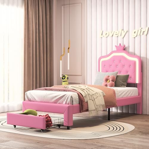 Lit rembourré, 90 x 200 cm, en polyuréthane, pour fille, enfant et adolescent, pieds de support en métal, cadre de lit plate-forme, avec barres lumineuses LED, tête de lit et dossier (rose, 90 x 200