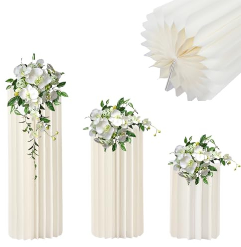 HuKaiL 3 Stück Karton Blumenständer Cremeweiße aus Pappe, Hochzeit Tafelaufsätze Klappbarer Blumenständer mit 3 PVC-Platten für Jahrestage, Geburtstage, Hochzeiten, Verlobungen, 40/60/80CM