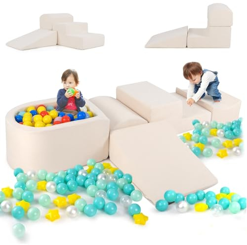 COSTWAY 5PCS Parcours Motricité Bébé en Mousse avec Piscine à Balles, Module Motricité Bébé avec Housse Lavable & Amovible, Jouets Éducatifs pour Ramper pour Enfants d'Âge Préscolaire, sans Balles