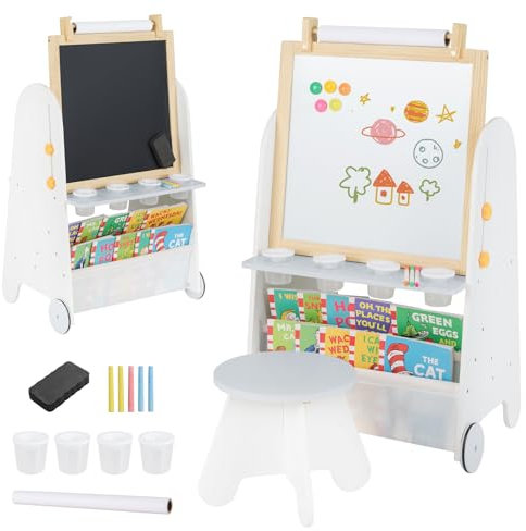 Maxmass 4 in 1 Kids Art Table and Chair, Wooden Toddler Activity Play Table Set with Double-Sides Art Easel, Bookshelves, Paper Roll, Paint Cups, Chalks, Toddler Craft Desk for Drawing Learning