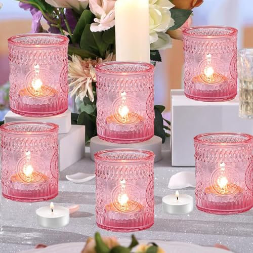 Porte-Bougies Votifs Roses, 6 Bougies Chauffe-Plat en Verre pour Le Mariage, la fête et la décoration d'intérieur (6, Rose)