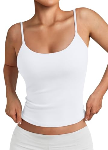 Trendy Queen Double Lined Adjustable Spaghetti Strap Tank Top for Women Cute Summer Basic Crop Top for Teen Workout Going Out White S