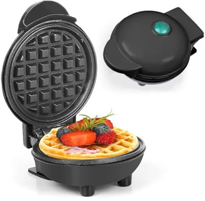 AHDXKUE Mini Waffle Maker Non-Stick Waffle Iron Machine, Mini Pancake Maker with Power/Ready Indicator Light Waffle Maker for Waffles, Sweet/Savoury Snacks Desserts, Black