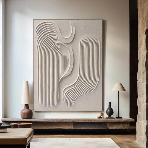 PEWFBS Grande peinture texturée 3D beige, peinture abstraite en plâtre sur toile, art mural Wabi Sabi, décoration murale moderne minimaliste, 30 x 40 cm, sans cadre