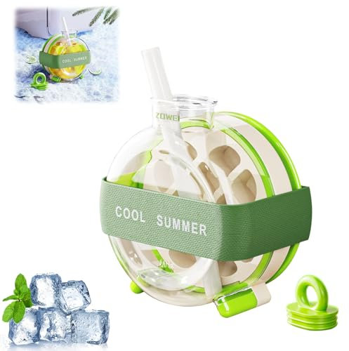 Dayinkes Botella de cubitos de hielo con pajita, 2 en 1, forma de prensa, bandeja para congelador, botella de agua a prueba de fugas, molde de hielo de liberación rápida, sin contacto, diseño de
