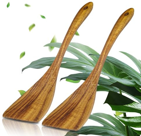 AMFUN 2PCS Wooden Spatula, Heat Resistant Wood Spatulas for Cooking, Baking, Long Handle Wooden Turners, 12.8 Inches Flat Wood Solid Turner for Kitchen Non-Stick Cookware