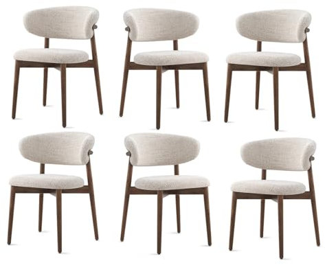 Lot de 6 chaises de salle à manger modernes du milieu du siècle – Bois massif avec coussin en lin et dossier incurvé – Chaises rembourrées pour cuisine et salon – Finition noyer