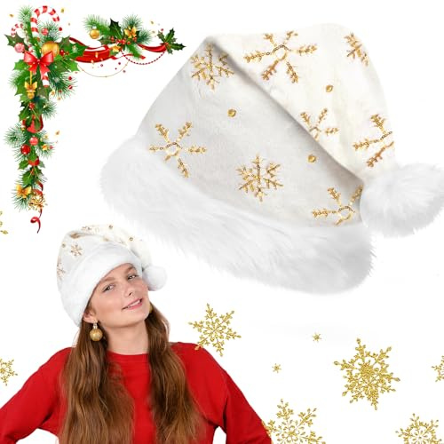FUKPO Weihnachtsmütze mit Pailletten Schneeflocke, Weihnachtsmützen Erwachsene Nikolausmütze Weihnachten, Weihnachtsmann Mütze Damen Weihnachtshut Weihnachtsmannmütze Herren Nikolausmützen