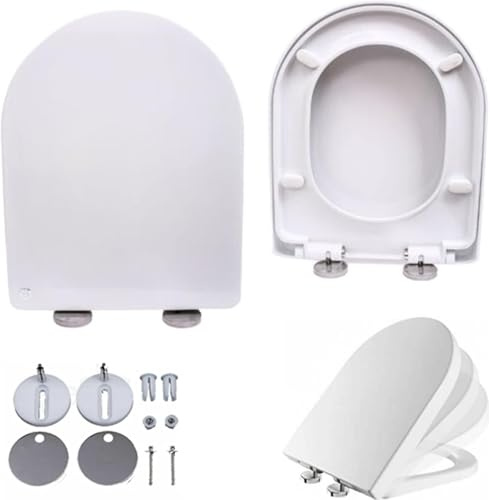 WC Sitz, Premium Toilettendeckel Antibakteriell Klodeckel mit Absenkautomatik & Quick-Release-Funktion, Abnehmbar Toilettensitz aus Duroplast mit Edelstahl-Befestigung, WC Brille D Form WC Deckel weiß