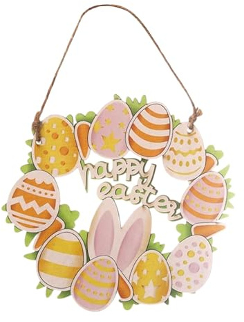 DINGFENG Colgante de Pascua Happy Easter, cartel de madera con conejo, huevos de Pascua y hierba, decoración redonda, decoración para puertas, ventanas y arbustos de Pascua, decoración moderna de