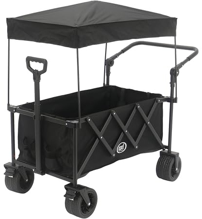 AXI SB221 Faltbarer Bollerwagen mit Dach in Schwarz | Handwagen Klappbar/Faltbar mit Zug- & Schiebestange, Gurt, Hülle, & Getränkehalter - PP Gummireifen | Kapazität: 130 l
